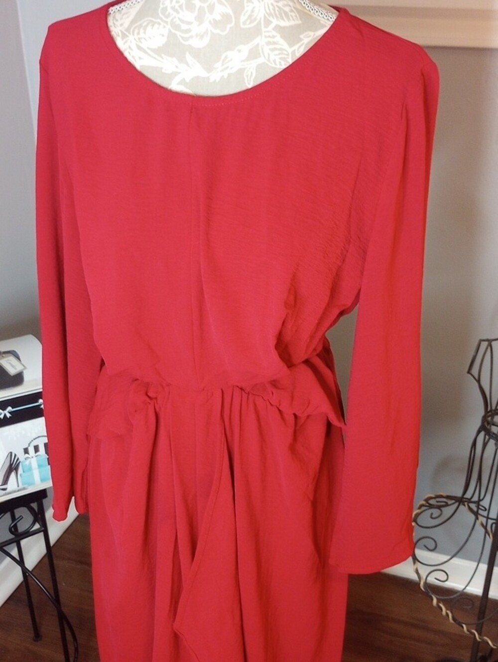 2 For $10 Red Long Sleeve Waist-Detail Wrap Dress - Picture 8 of 10